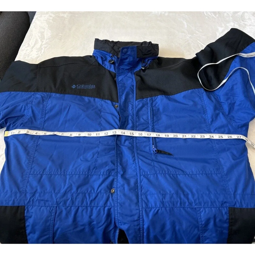 Columbia Men's Parka Sz L Blue/Black Nylon Hooded Pockets Adj Waist Fleece Lined